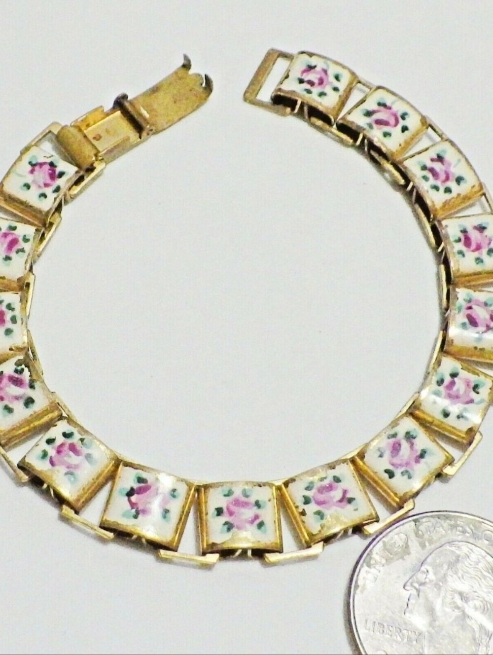 Antique Hand-Painted Pink Rose Enamel Square Book Link Chain Brass Bracelet 7.5"